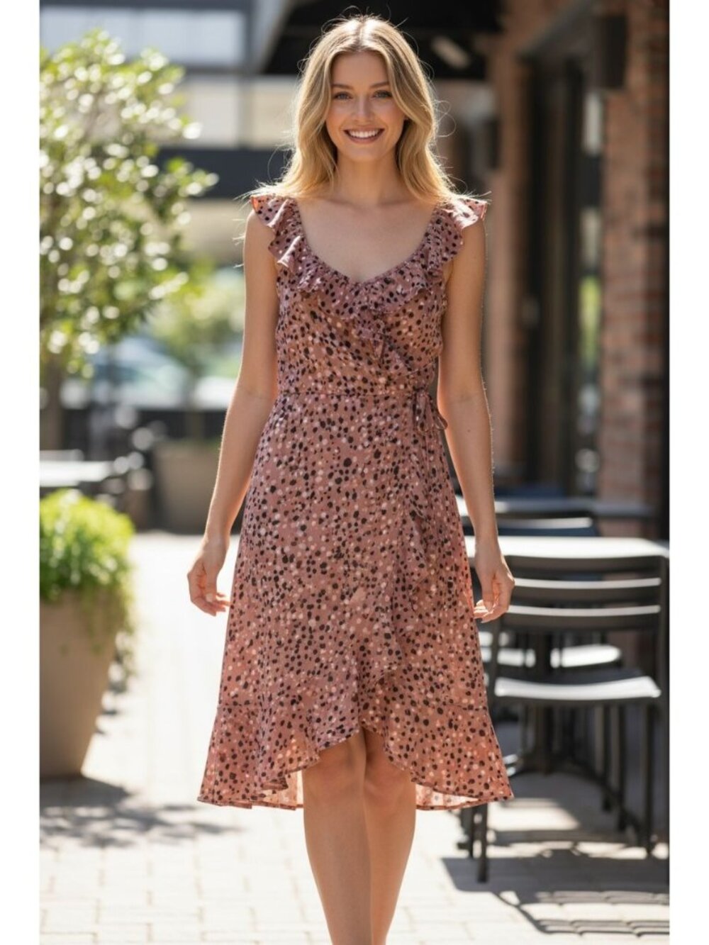 Socialite Pink Polka Dot Ruffle Wrap Dress Women's Size L